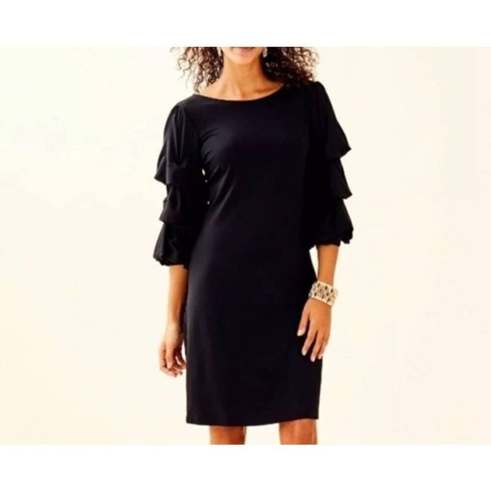 Lilly Pulitzer Leonie Black Solid Knit Tiered Puff Sleeve Mini Dress Large